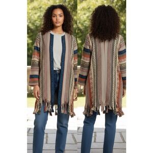 Zara Woman Boho Tribal Open Front Fringe Cardigan Jacket Multicolor Size Small